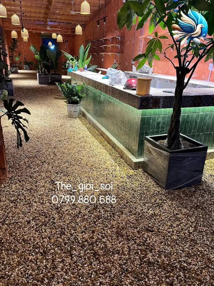 Sỏi Trang Trí Tại Quảng Ninh: 5 Gợi Ý Cho Resort, Homestay, Nhà Hàng Sỏi sông ba màu rải sàn không gian quán cà phê